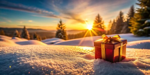Panoramic Christmas Gift Box in Snowy Landscape - Festive Winter Scene