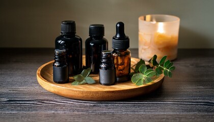 Aromatic Oils in Glass Bottles on Wooden Tray