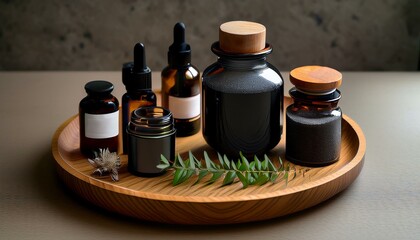 Aromatic Oils in Glass Bottles on Wooden Tray