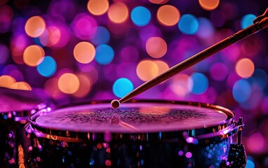 Obraz premium Dynamic Drumstick strikes a cymbal, creating vibrant sound waves against a backdrop of dazzling, colorful bokeh lights. A moment of musical energy!