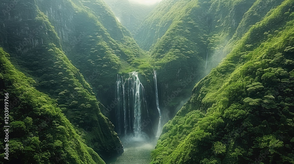 Poster the mountains are towering green, with cascading waterfalls and flowing springs, the continuous moun