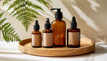 Amber Bottles on Wooden Tray with Ferns