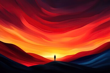 A solitary figure stands against a vibrant sunset, with swirling clouds in shades of red, orange, and blue, creating a dramatic and peaceful landscape.