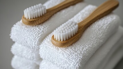 Bamboo Toothbrushes on Soft White Towels: A Fresh and Clean Bathroom Aesthetic