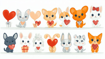 Fototapeta premium Illustration set of adorable animals—cats, dogs, and bunnies—holding heart-shaped balloons and wearing love accessories.