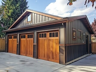 Fototapeta premium Triple Garage with Wood Doors: A stunning three-car garage boasts rich, warm wood doors, contrasting beautifully against a sophisticated dark grey exterior. The design is modern and practical.