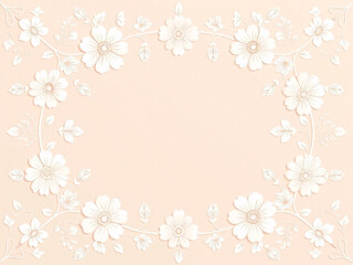 All around, a floral decorative pattern in white and pastel pink tones, symmetrical and harmonious, with a soft background in gradient colors between beige and light pink.