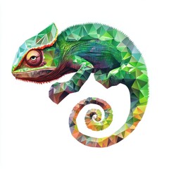 Fototapeta premium Polygonal green chameleon on white background, ideal for design and educational uses