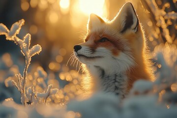 a playful red fox kit exploring snowy woods at dawn frostcovered branches soft morning mist ethereal winter atmosphere cinematic lighting