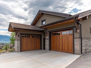 Mountainside Home Garage: A stunning craftsman-style home showcases a double-car garage with rich, natural wood doors, complementing the stone accents and mountain views.