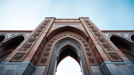 beautifully intricate gate at Hassan II Mosque in Casablanca, Morocco. Seamless color blending creates a dramatic upward perspective