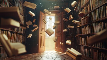 Mystical Library With Open Door and Floating Books Conjuring a Sense of Wonder and Knowledge