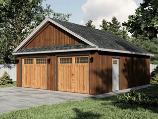 Fototapeta premium Rustic Triple Garage: A charming three-car garage with a classic gable roof and wood siding, set against a lush green backdrop. The garage boasts two double doors, one for each car.