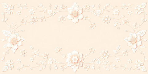 All around, a floral decorative pattern in white and pastel pink tones, symmetrical and harmonious, with a soft background in gradient colors between beige and light pink.