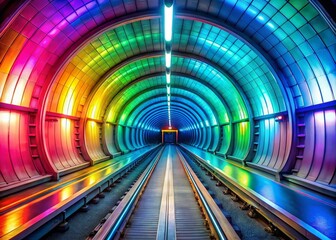 Panoramic Futuristic Subway Tunnel with Vibrant Rainbow LED Lighting
