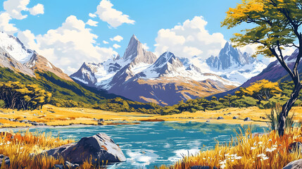 Obraz premium Serene Mountain Lake Landscape: A Breathtaking View of Majestic Peaks and Tranquil Waters