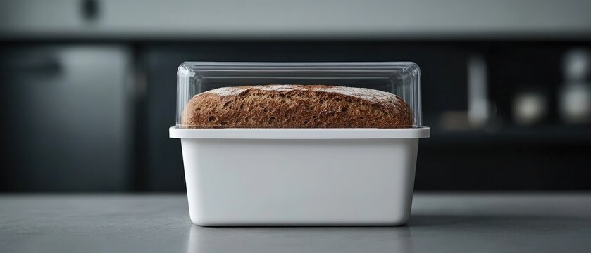 Loaf of bread in a white breadbox with a clear lid