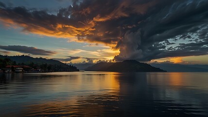 Naklejka premium A serene sunset over a tranquil lake, with dramatic clouds reflecting on the water.