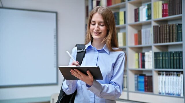 Portrait of student teenager girl using digital tablet inside classroom library