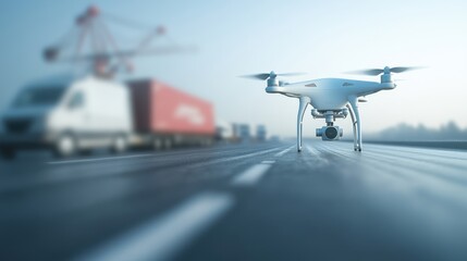 Fototapeta premium A drone capturing aerial footage of a truck on a busy highway with construction in the background