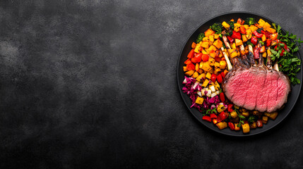 Fototapeta premium Grilled rack of lamb served with colorful roasted vegetables on black plate, showcasing delicious and vibrant meal. Perfect for gourmet dining or special occasions