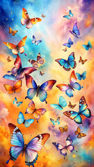 A swarm of watercolor butterflies in vibrant blues, purples, and oranges, fluttering in abstract patterns 