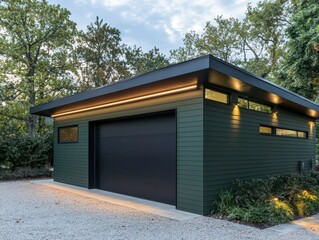 Modern Garage Design: A sleek, dark green detached garage with modern architectural details, illuminated by subtle lighting at dusk. The design features a flat roof, large windows.