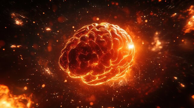 Fiery brain, glowing ember, cosmic energy.
