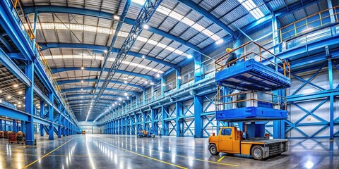 Panoramic Interior View of Blue Boom Lift from Low Angle