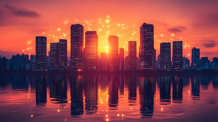 Fototapeta premium Vibrant City Skyline with Fireworks at Sunset, Reflected in Calm Water