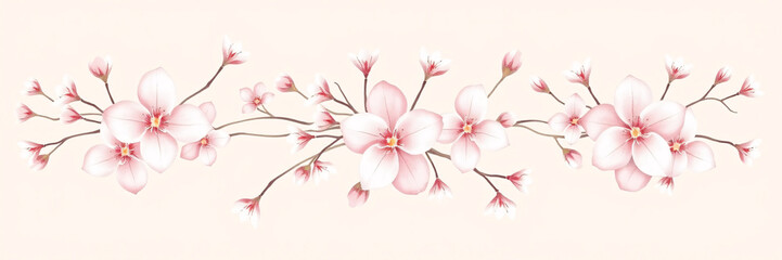 All around, a floral decorative pattern in white and pastel pink tones, symmetrical and harmonious, with a soft background in gradient colors between beige and light pink.