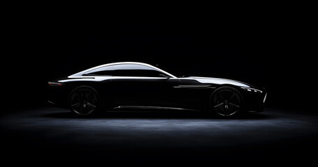 Obraz premium Luxury Black Sports Car on Reflective Surface with Dark Background