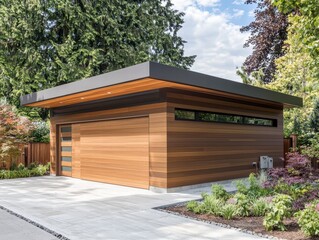 Fototapeta premium Modern Garage Design: A sleek, contemporary garage with cedar wood siding and a flat roof, nestled amidst lush greenery. The design seamlessly blends modern architecture with natural surroundings.