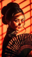 Portrait of asian female dance performer wearing traditional outfit and holding fan, mysterious composition