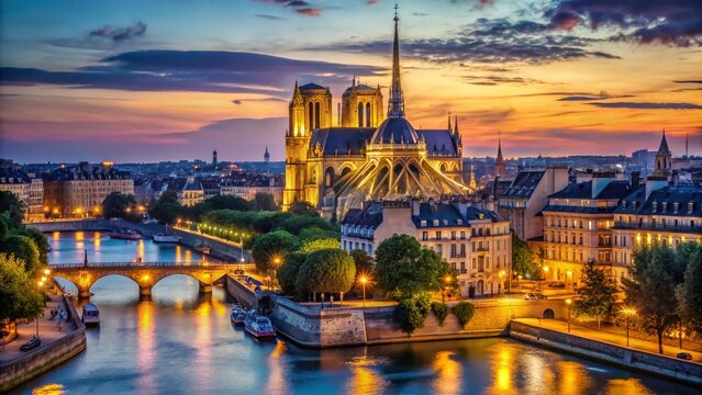 Panoramic Night View of Paris Cityscape with Notre Dame Cathedral, High Depth of Field