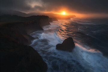 Breathtaking aerial view of ocean waves crashing against rugged cliffs as the sun sets in the...