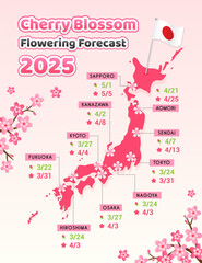 Japan Cherry Blossom Flowering Forecast 2025 vector illustration. Map of Japan with Sakura branch