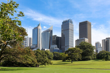 Gazebo in Sydney Royal botanic garden in front of Sydney buildings skyline in Australia