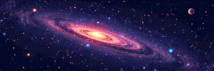 Pixelated amazing huge spiral galaxy and glowing stars in universe. Panoramic deep space scene background in vintage pixelart style with dithering effect for 8-bit retro videogame. Vector illustration © 3d_kot