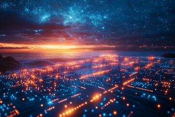 Obraz premium Abstract futuristic circuit board with glowing lines on the ocean horizon at night, stars in the sky, minimalistic and clean design.