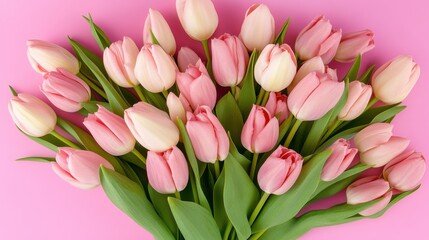 Obraz premium Beautiful bouquet of pink and white tulips arranged on a vibrant pink background showcasing spring's charm and freshness