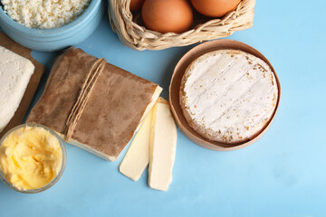 set of dairy products on a blue background