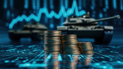 Military budget increasing with tanks and stock graph showing growth