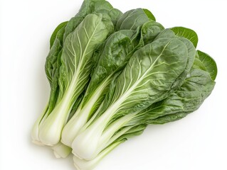 Fresh green bok choy arranged neatly on a white background showcasing its vibrant leaves and crisp stalks ideal for healthy dishes and salads