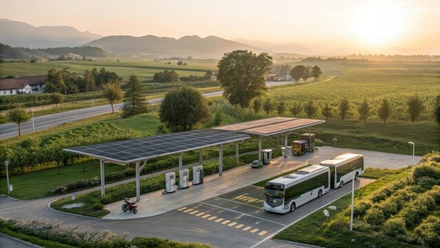 Eco-Friendly Charging Hub with Wireless Charging for Electric Buses at Sunset