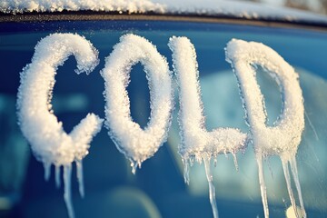 Fototapeta premium Frosty winter morning with the word cold written in snow on a car window illustrating the chill in the air and icy conditions