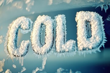 Frost-covered letters spell cold on a window, capturing the chilly essence of winter mornings in a serene, frosty environment