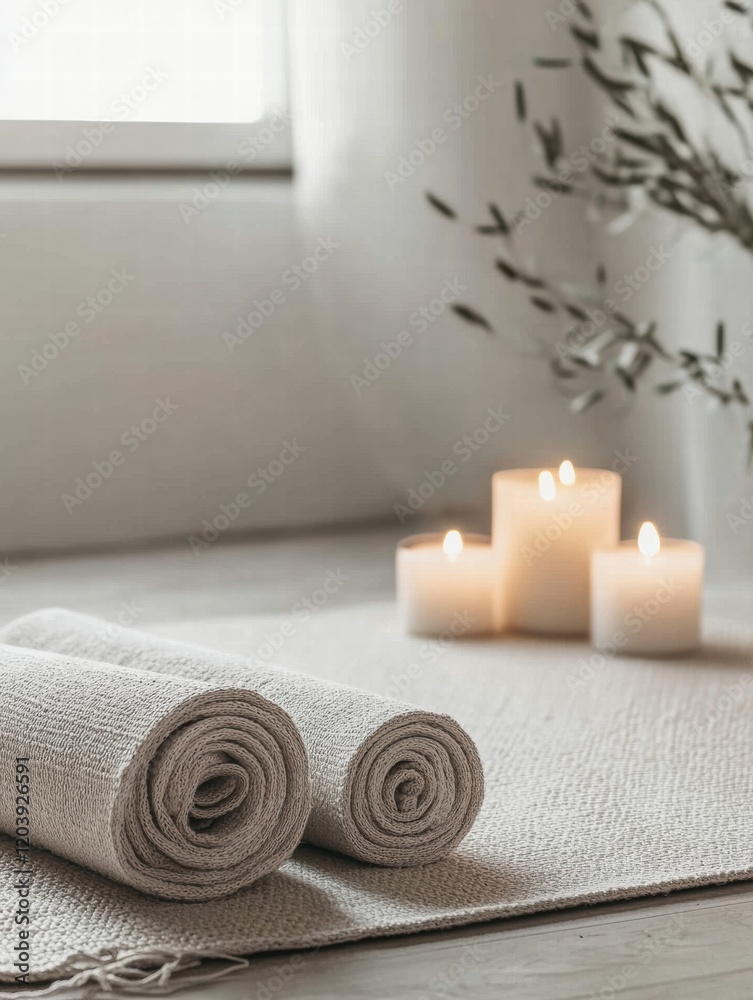 Aufkleber Relaxing atmosphere created with rolled towels and candles in a serene indoor setting during the day. Generative AI