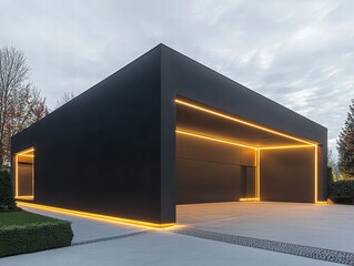 Modern Minimalist Architecture: A sleek, contemporary structure with a black facade and minimalist design features a striking contrast of bold lines and warm yellow accent lighting.