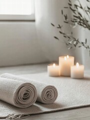 Relaxing atmosphere created with rolled towels and candles in a serene indoor setting during the day. Generative AI